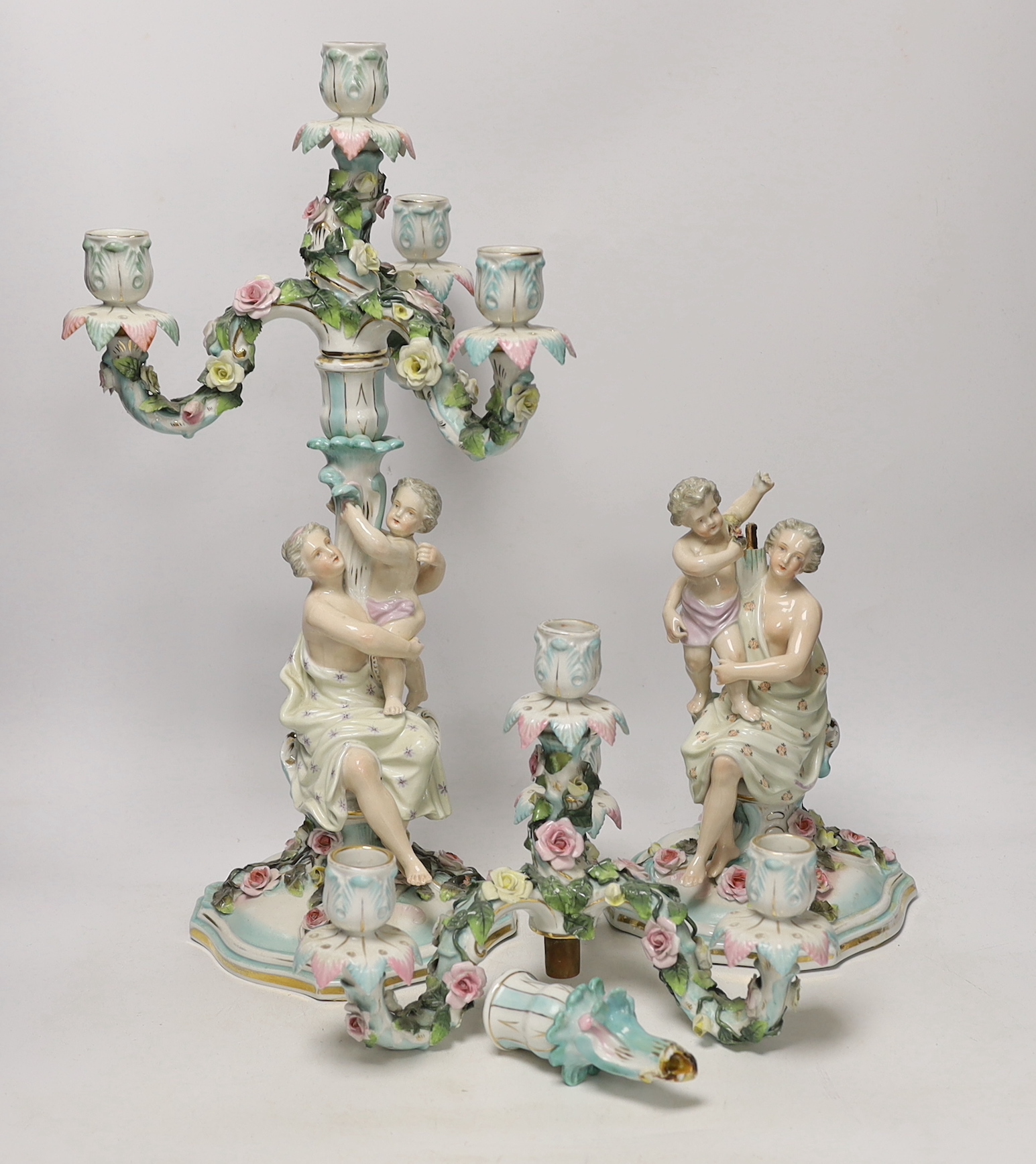 A pair of Sitzendorf figural candelabra, 46cm